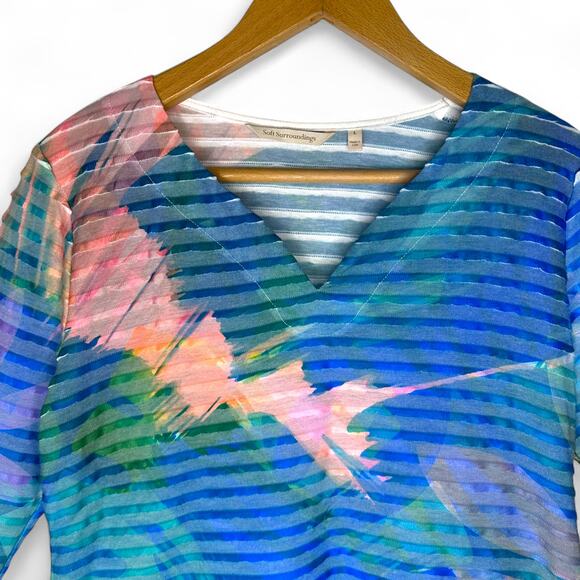Soft Surroundings Banded Tunic Top L Multi Colored Tropical Print 3/4 Sleeve - Picture 3 of 11